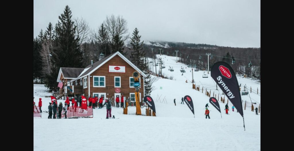 Stratton Mountain Sports School and ski slopes with Synergy banners