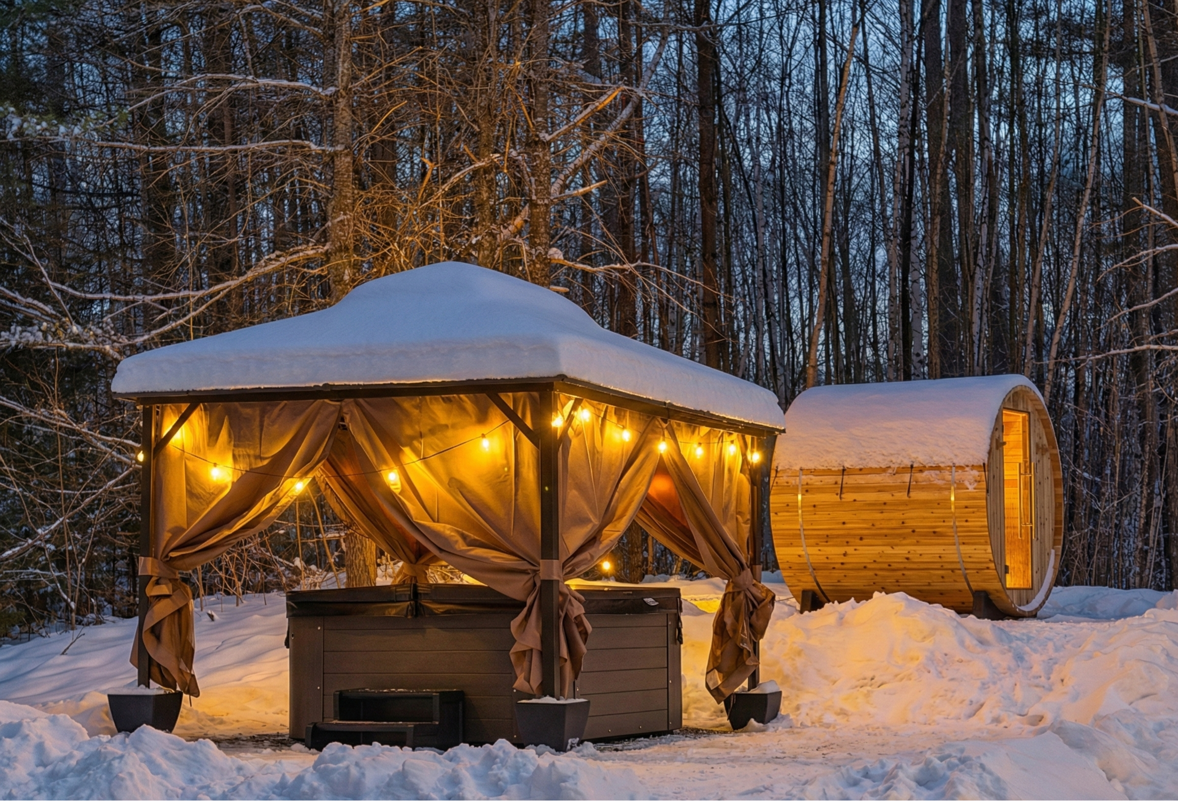 Barrel sauna and hot tub in winter