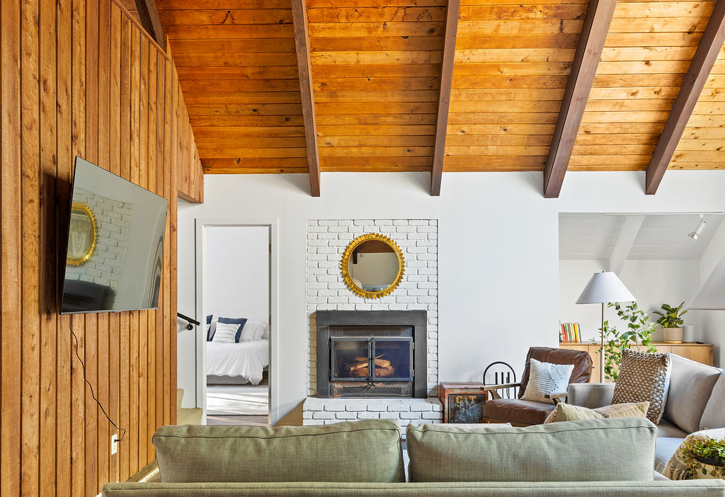 Cozy living room with brick fireplace