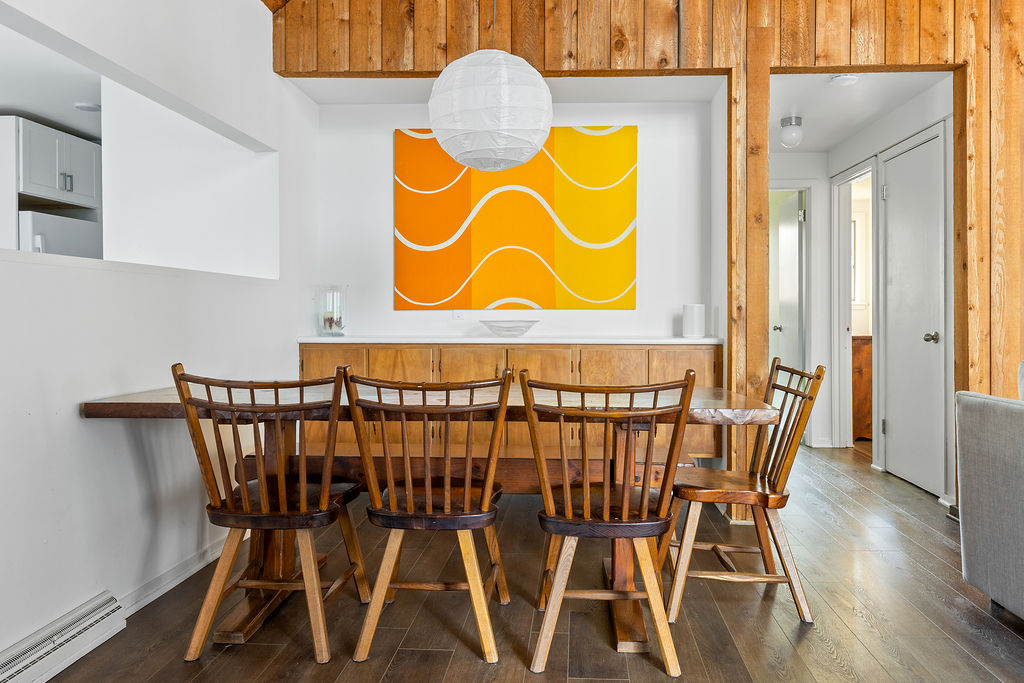 Dining area with wood accents