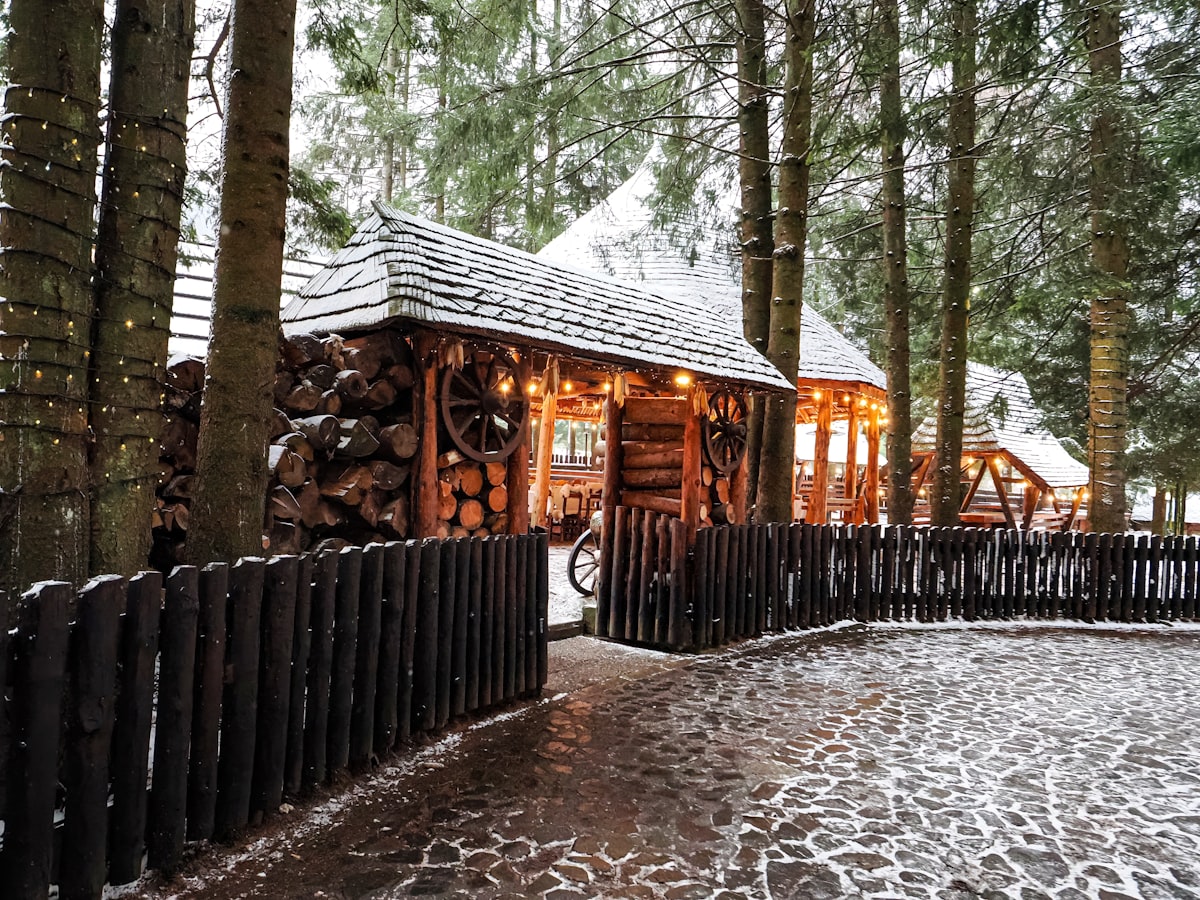 Cozy wooden cabin in a snowy forest setting — typical of off-mountain vacation rentals near Stratton Mountain