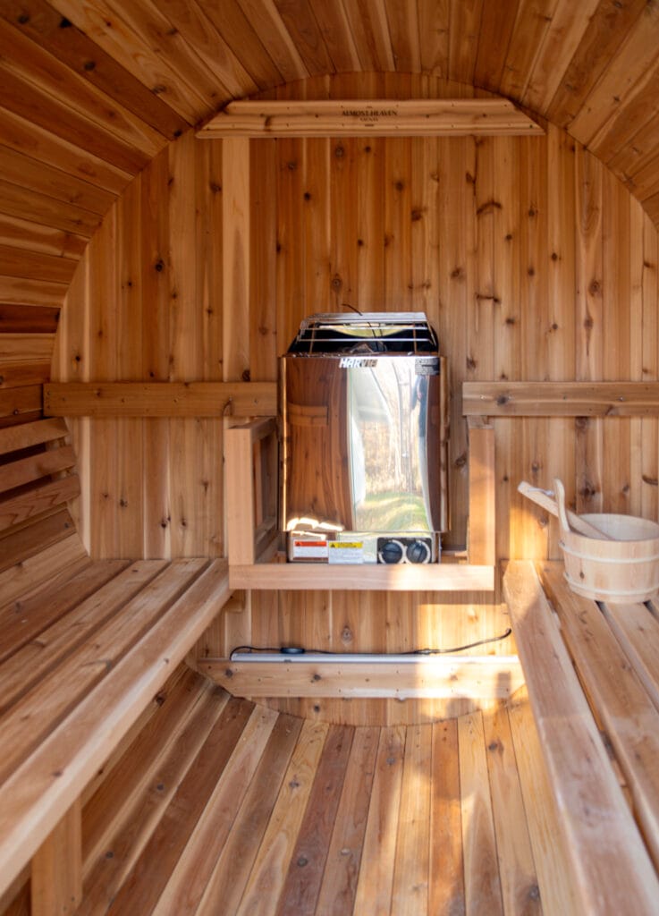 Inside the Finnish cedar barrel sauna